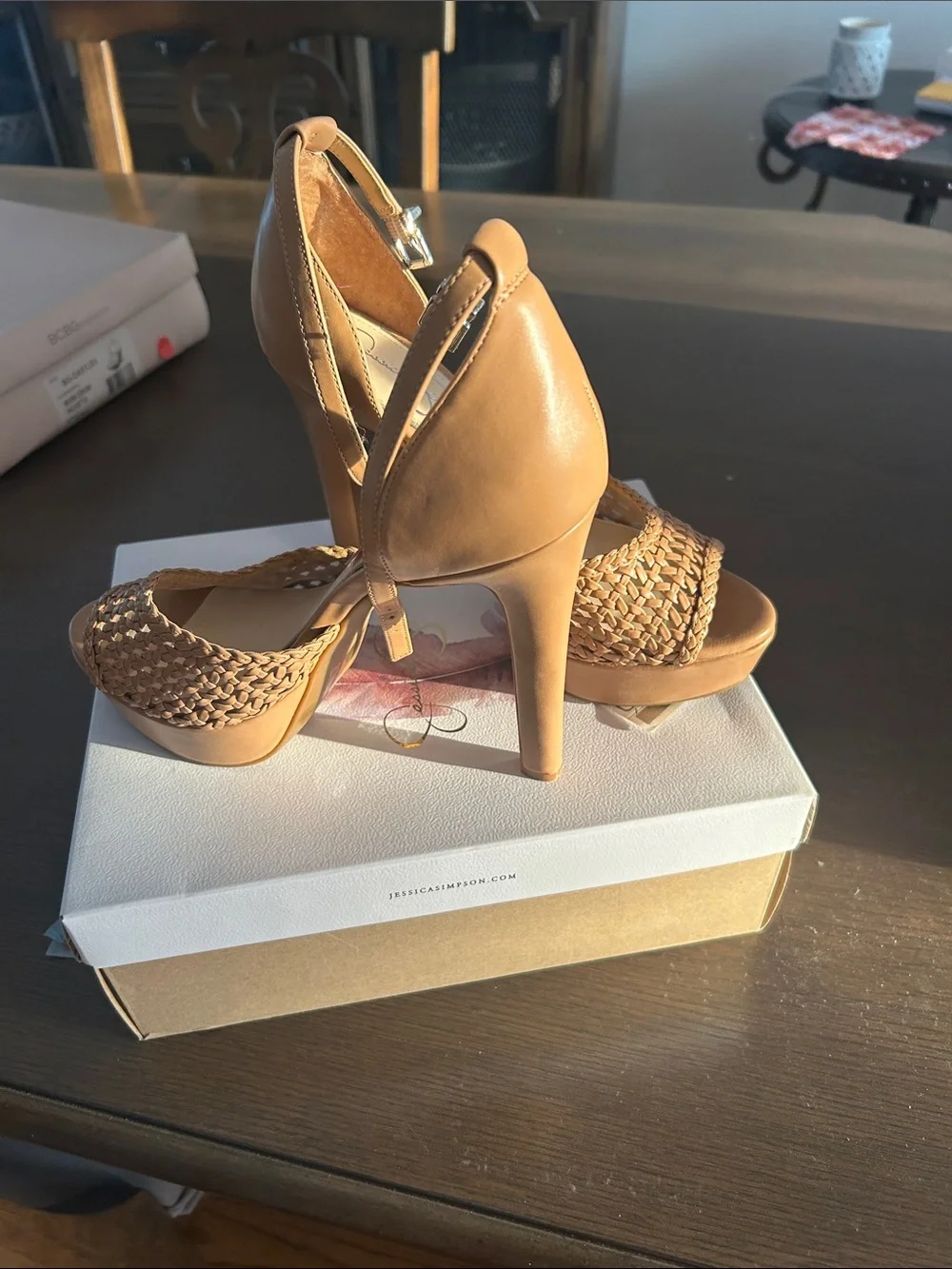 Jessica Simpson Woven Tan Open-Toe Ankle-Strap Heels